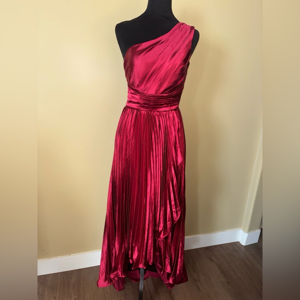 Burgandy Satin Pleated High low Maxi Dress